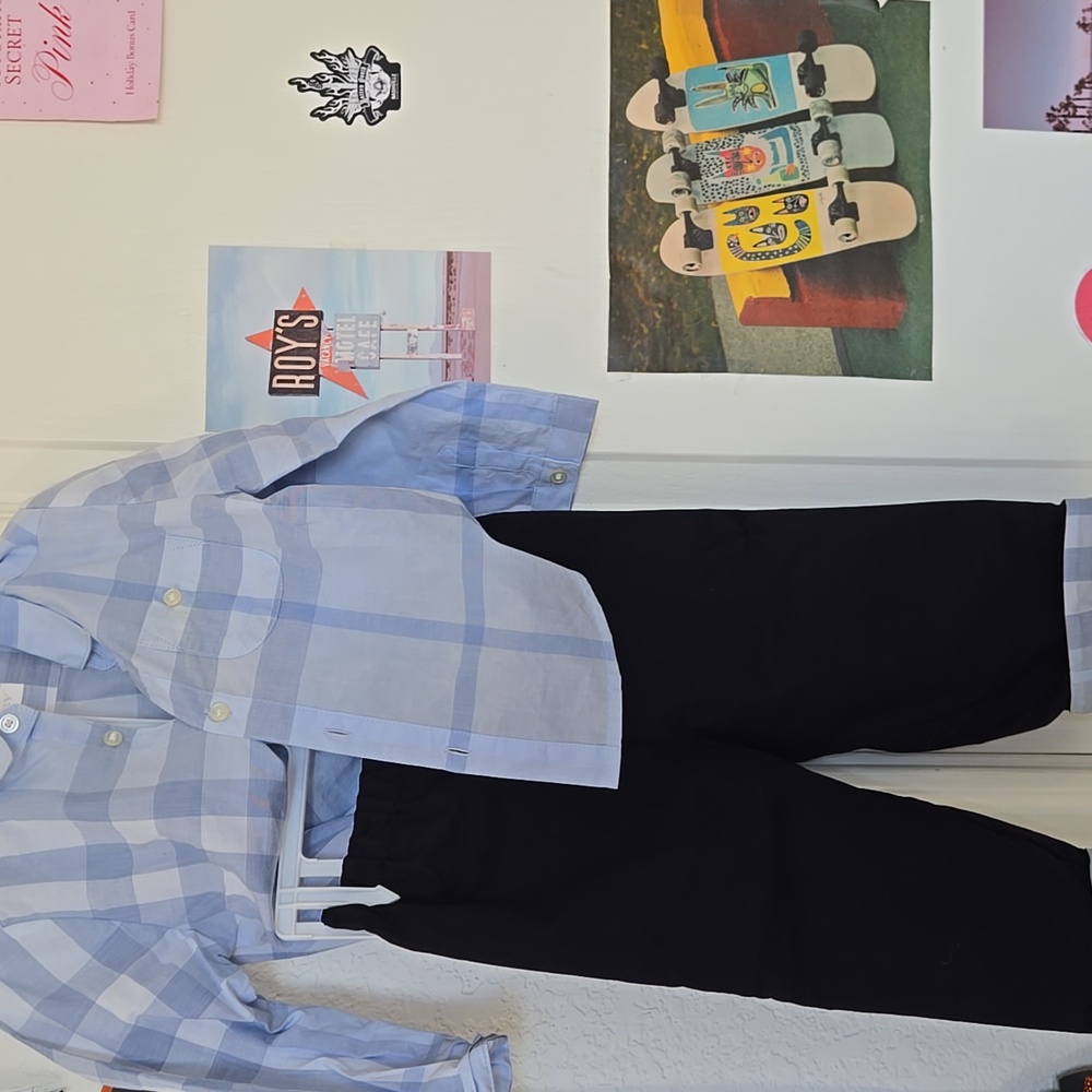 BURBERRY Kids Light Blue Plaid Button Down Shirt And Pants Set